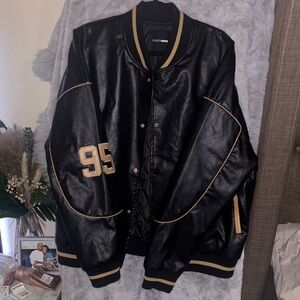 Fashion Nova Black Varsity Jacket with Gold Details